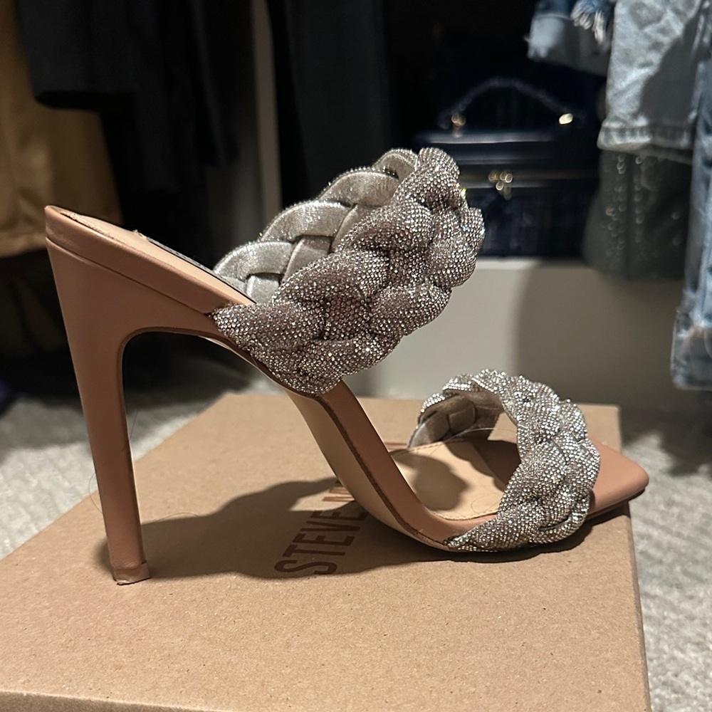 Steve Madden Silver and Tan Braided Heels (Kensley - Glitter)